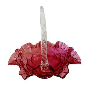Vintage Fenton Handblown Glass Cranberry Basket Clear Handle Signed Ruffled 9" x